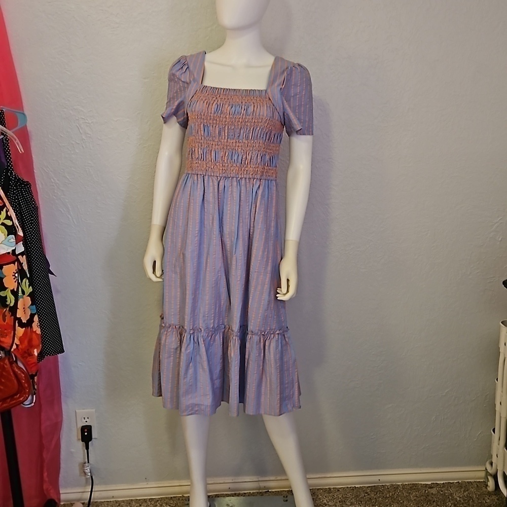 TAHARI Cotton Striped Smocked Ruffle Seersucker Midi Doll Dress - Picture 3 of 11